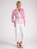 White/Fuchsia High Stand Collar Geometric Print Cotton Shirt