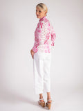 White/Fuchsia High Stand Collar Geometric Print Cotton Shirt