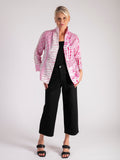 White/Fuchsia High Stand Collar Geometric Print Cotton Shirt