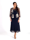 Navy Embroidered Sequin Mesh Jacket with Chiffon Trim