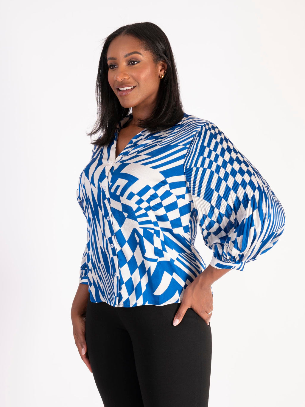 Royal Blue White Abstract Geometric Swirls Pleated Shirt