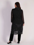 Black Chiffon Barrel Coat with Confetti Applique Mesh Chevron Inset Trim
