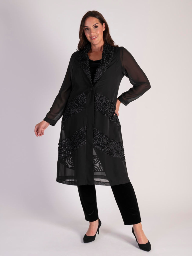 Black Chiffon Barrel Coat with Confetti Applique Mesh Chevron Inset ...