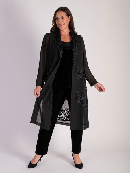 Black Chiffon Barrel Coat with Confetti Applique Mesh Chevron Inset Trim