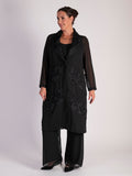 Black Chiffon Barrel Coat with Confetti Applique Mesh Chevron Inset Trim