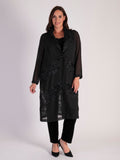 Black Chiffon Barrel Coat with Confetti Applique Mesh Chevron Inset Trim