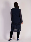 Dark Navy Chiffon Barrel Coat with Lace Chevron Inset Trim