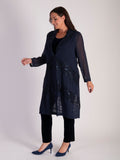 Dark Navy Chiffon Barrel Coat with Lace Chevron Inset Trim