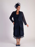 Dark Navy Chiffon Barrel Coat with Lace Chevron Inset Trim