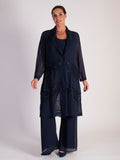 Dark Navy Chiffon Barrel Coat with Lace Chevron Inset Trim