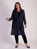 Dark Navy Chiffon Barrel Coat with Lace Chevron Inset Trim
