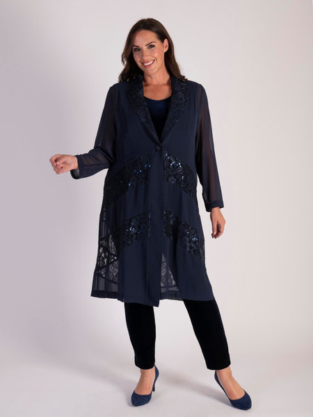 Dark Navy Chiffon Barrel Coat with Lace Chevron Inset Trim