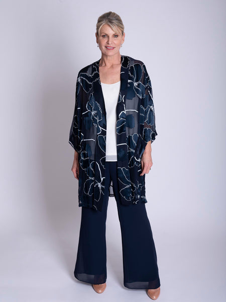 Navy/White Silk Floral Devoree Longline Kimono