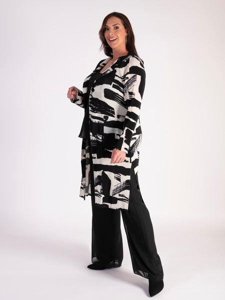 Black/Ivory Abstract Strokes Artwork Pleated Jacket