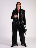 Sophisticated Black Confetti Applique Mesh Coat with Chiffon Trim