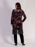 Opulent Black/Claret/Pink Renaissance Print Velvet Long Coat with Chiffon Trim