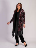 Opulent Black/Claret/Pink Renaissance Print Velvet Long Coat with Chiffon Trim