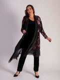 Opulent Black/Claret/Pink Renaissance Print Velvet Long Coat with Chiffon Trim