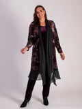 Opulent Black/Claret/Pink Renaissance Print Velvet Long Coat with Chiffon Trim