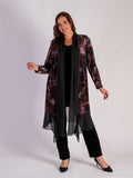 Opulent Black/Claret/Pink Renaissance Print Velvet Long Coat with Chiffon Trim