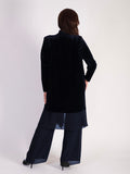 Navy Stretch Velvet Long Coat with Contrast Chiffon Trim