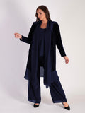 Navy Stretch Velvet Long Coat with Contrast Chiffon Trim