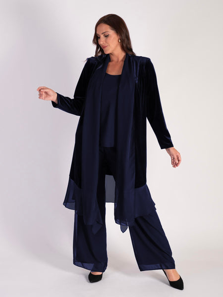 Navy Stretch Velvet Long Coat with Contrast Chiffon Trim