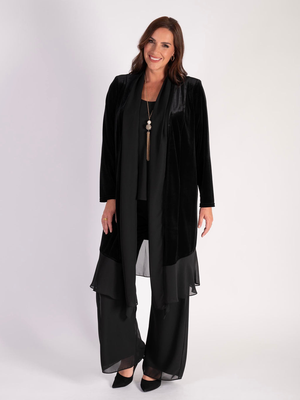 Stretch Velvet Long Coat Chiffon Contrast Trim