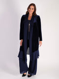 Navy Stretch Velvet Long Coat with Contrast Chiffon Trim