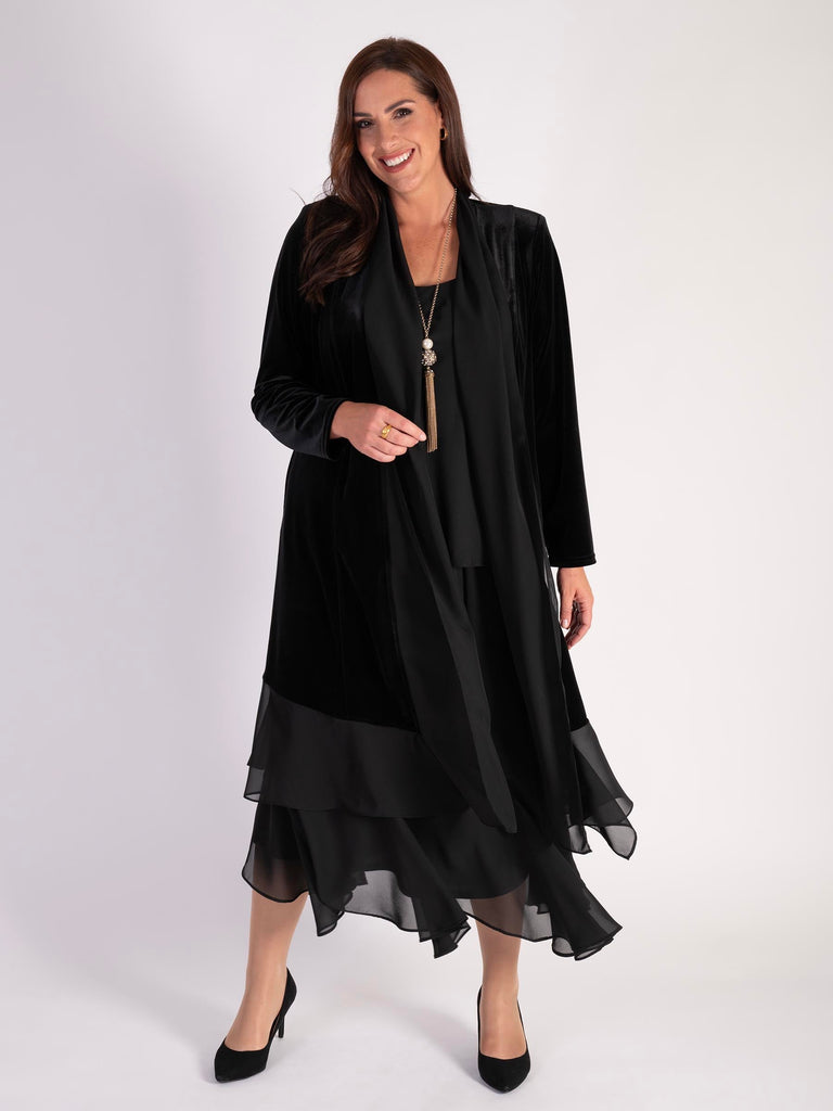 Black Stretch Velvet Long Coat with Contrast Chiffon Trim | Chesca Direct