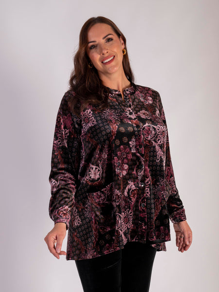 Premium Velvet Blouse with Black, Claret, and Pink Renaissance Print