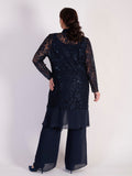 Dark Navy Sequin Lace Coat with Chiffon Trim
