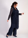 Dark Navy Sequin Lace Coat with Chiffon Trim