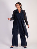 Dark Navy Sequin Lace Coat with Chiffon Trim