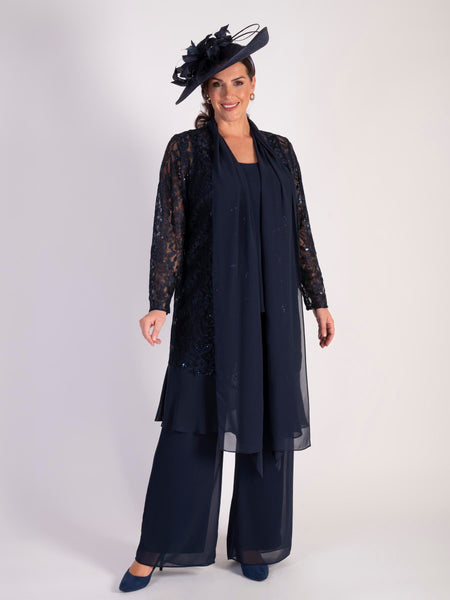 Dark Navy Sequin Lace Coat with Chiffon Trim