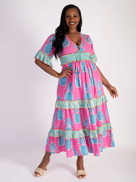pink dress with pineapples Pink Yellow Pineapple Dress Colorful Fun Lightweight Summer Fit & Flare Aloha