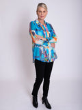 Ocean Blue/Multi Abstract Print Semi-Sheer Shirt with Front and Back Pintuck Detail