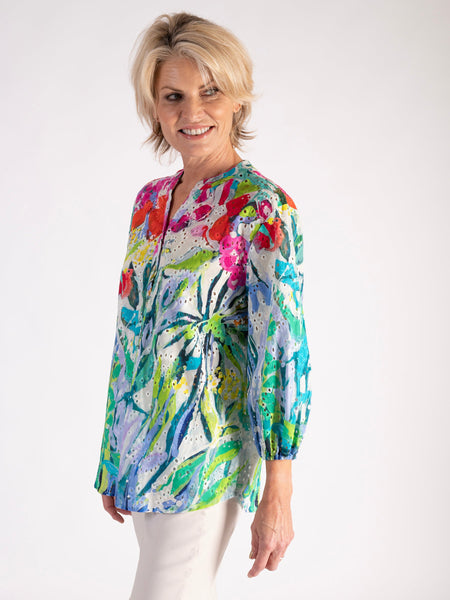 A Exquisite Blue/Multi Abstract Spring Flowers Broderie Anglaise Shirt