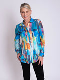 Ocean Blue/Multi Abstract Print Semi-Sheer Shirt with Front and Back Pintuck Detail