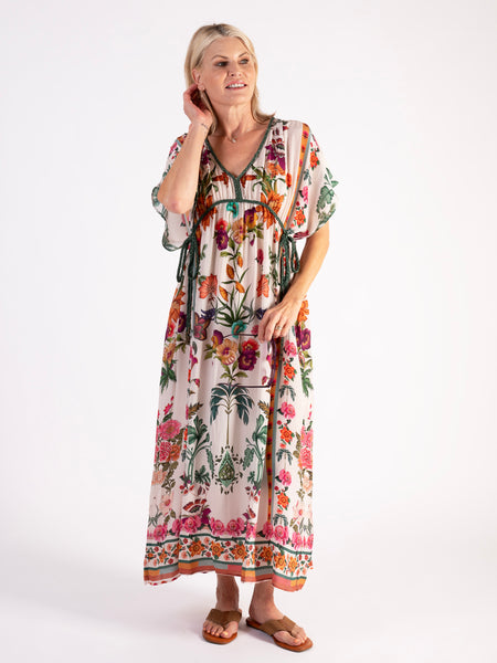 Cream/Multi Floral Border Print Silk Dress