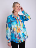 Ocean Blue/Multi Abstract Print Semi-Sheer Shirt with Front and Back Pintuck Detail
