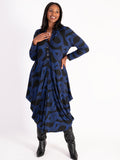 Striking Black & Cobalt Swirl Stripe Jersey Drape Dress with Button Placket