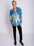 Ocean Blue/Multi Abstract Print Semi-Sheer Shirt with Front and Back Pintuck Detail