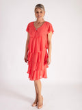Coral  Chiffon Multi Tiered Dress With Diamante Detail