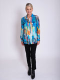 Ocean Blue/Multi Abstract Print Semi-Sheer Shirt with Front and Back Pintuck Detail