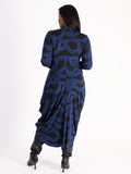 Striking Black & Cobalt Swirl Stripe Jersey Drape Dress with Button Placket