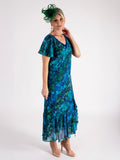 Cobalt/Emerald Royal Garden Split Sleeve Silk Dress with Chiffon V Neckline