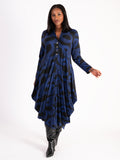 Striking Black & Cobalt Swirl Stripe Jersey Drape Dress with Button Placket