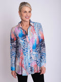 Blue/Multi Graphic Print Semi-Sheer Shirt with Front and Back Pintuck Detail