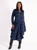 Striking Black & Cobalt Swirl Stripe Jersey Drape Dress with Button Placket